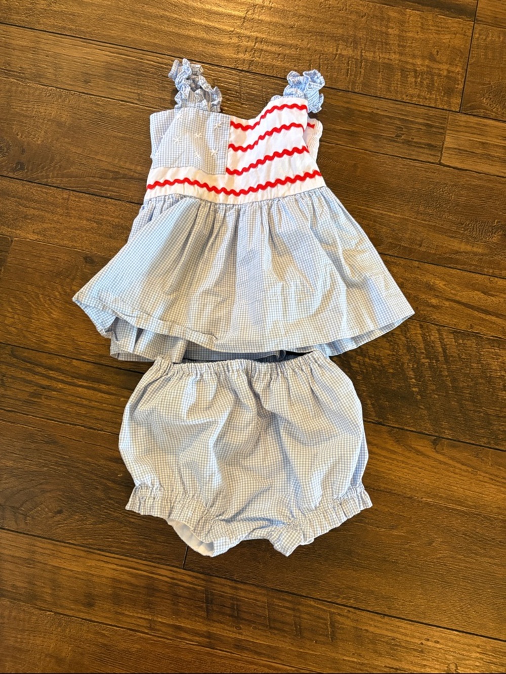 Baby Girls' Light Blue Gingham Ruffle Top & Bloomers with Red Trim